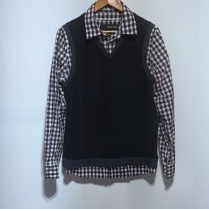 Blue Guru Men's Black Sweater Vest with Checkered Shirt Combo Size Medium